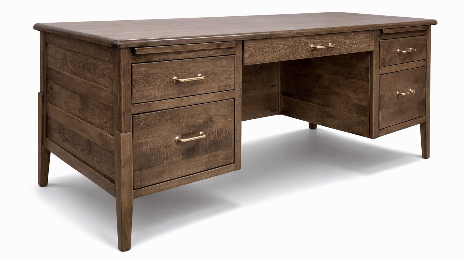 Wooden desk with multiple drawers on a white background