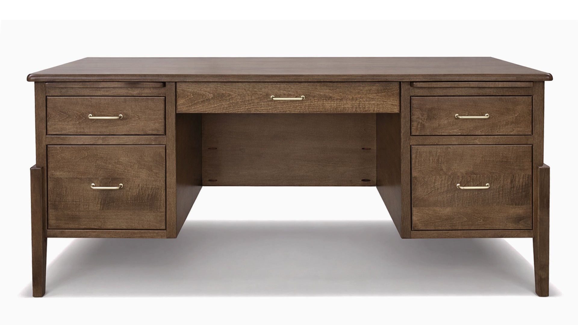 Wooden desk with multiple drawers on a white background