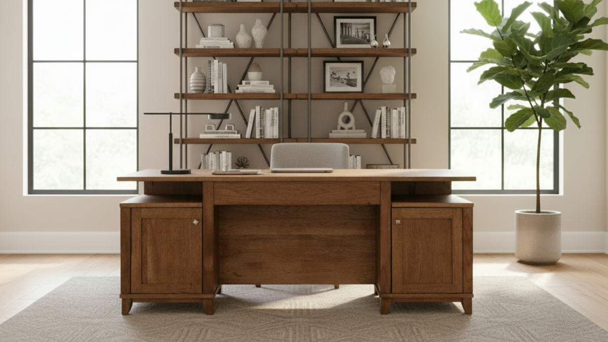 Wooden office desk with shelves in a bright room with large windows.