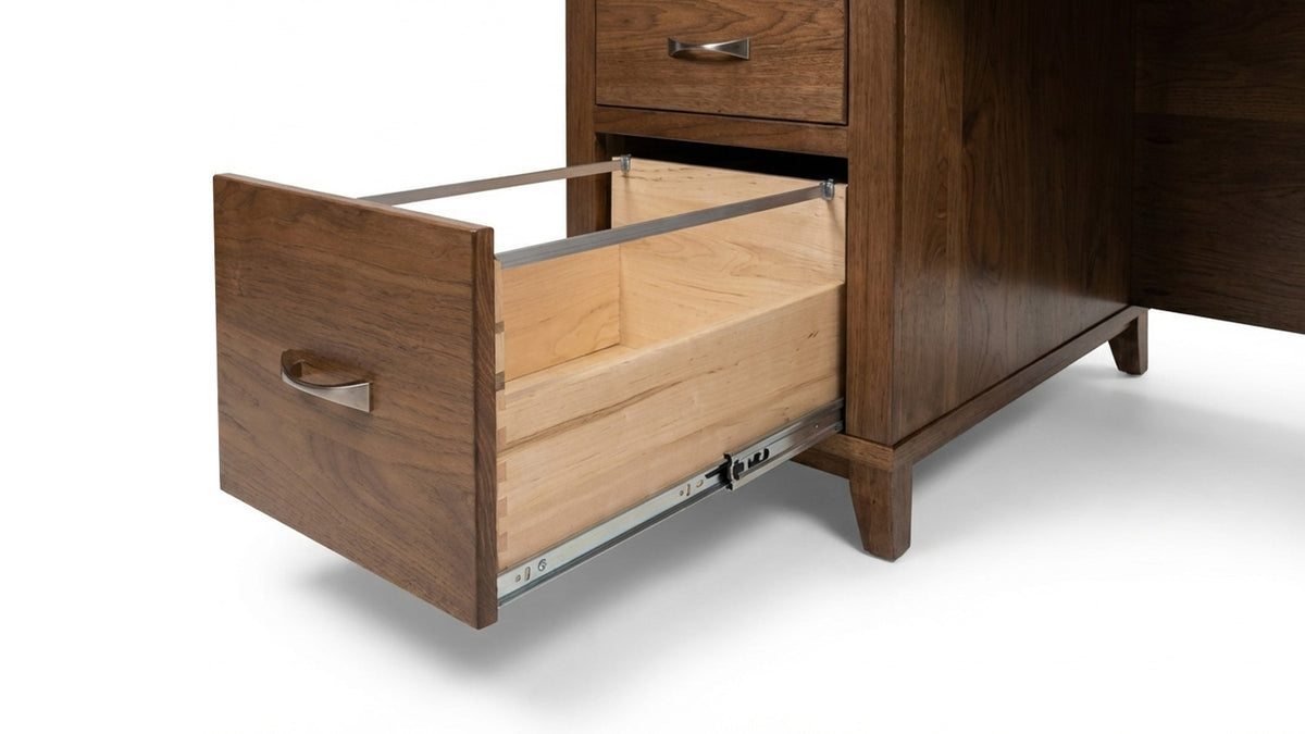 Wooden dresser with an open drawer on a white background