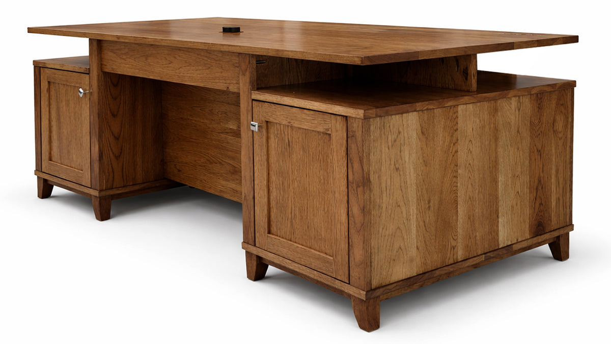 Wooden desk with cabinets on a white background