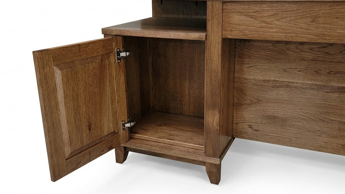 Wooden cabinet with an open door on a white background