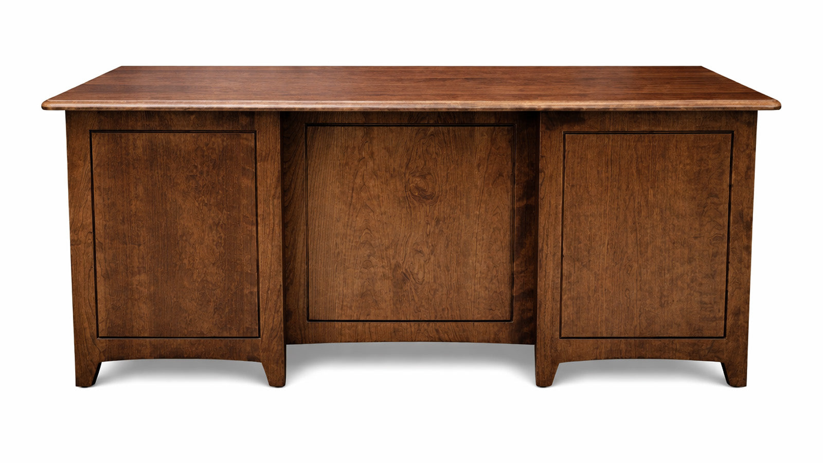 Wooden desk with three drawers on a white background
