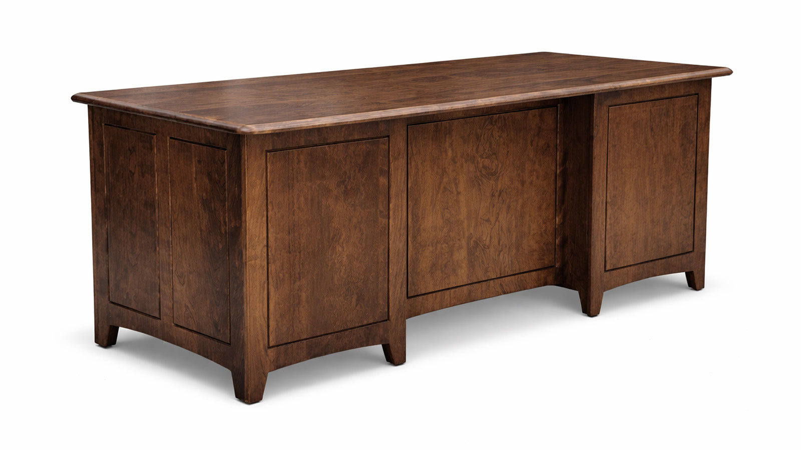 Wooden desk with a brown finish on a white background
