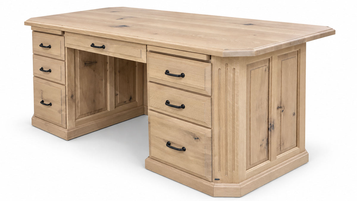 A light natural wood writing desk with multiple drawers, cabinet doors, and black metal handles, shown on a plain white background.