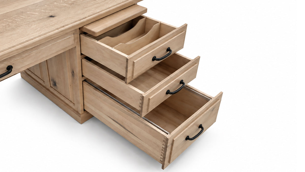 Light natural wood storage cabinet with three open drawers and black metal handles, shown on a white background.
