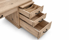 Light natural wood storage cabinet with three open drawers and black metal handles, shown on a white background.