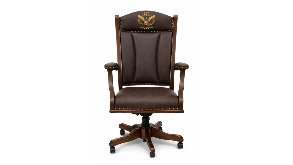 250th Anniversary Made in America Amish Built Top Grain Leather & Solid Maple Swivel Desk Chair