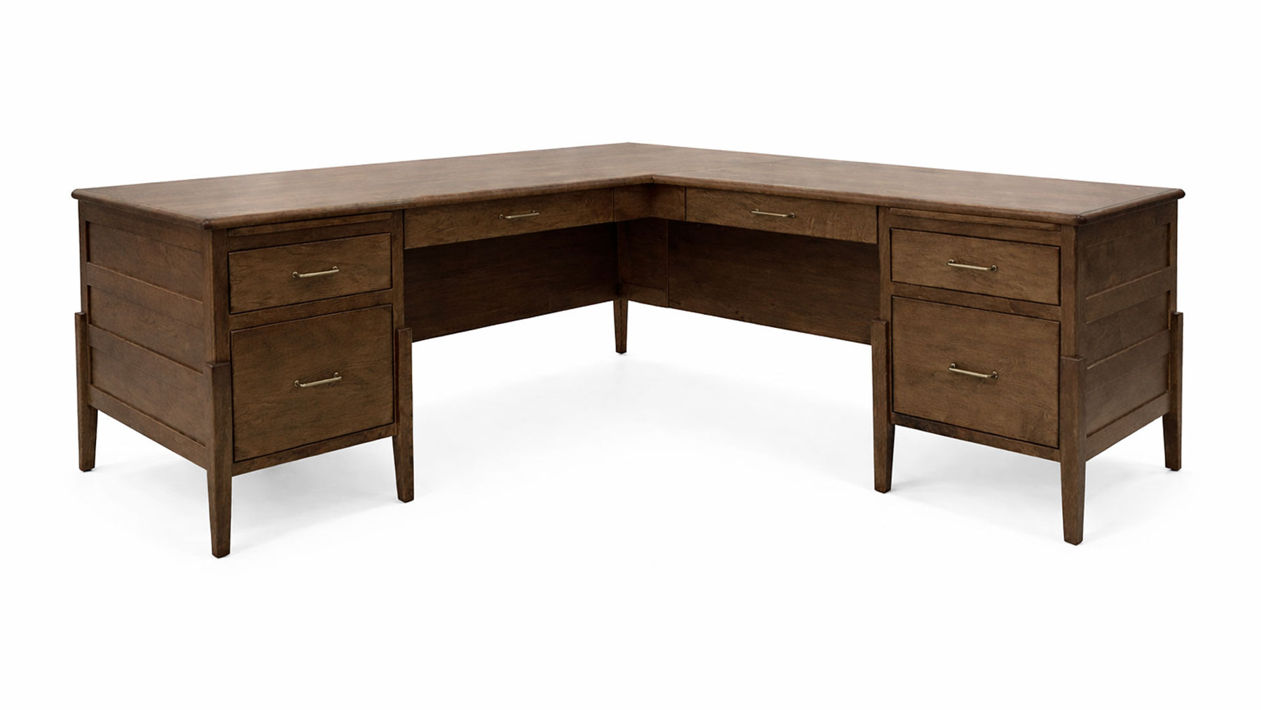 Wooden L-shaped desk with multiple drawers on a white background