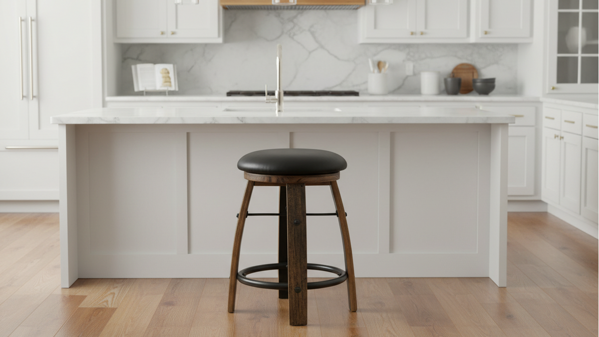 Memphis Reclaimed White Oak Barrel Stave Counter Height Black Top Grain Leather Upholstered Swivel Seat Stool