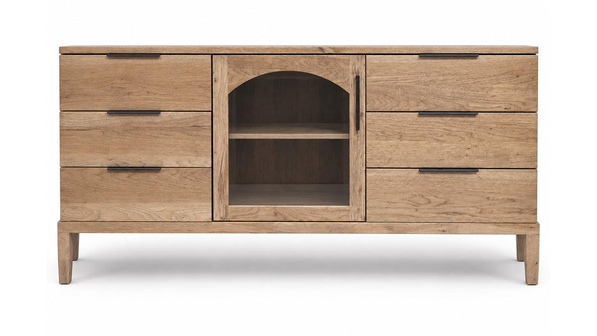 A light oak wood sideboard cabinet with six drawers, a central arched door, and two open shelves, shown on a white background.