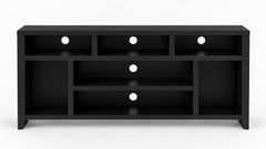 A modern black wooden media console with open shelves and three circular pull-out drawers, shown against a plain white background.