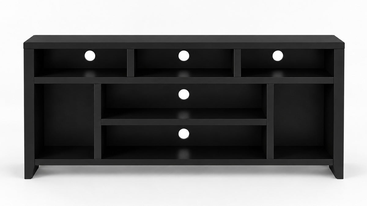 A modern black wooden media console with open shelves and three circular pull-out drawers, shown against a plain white background.