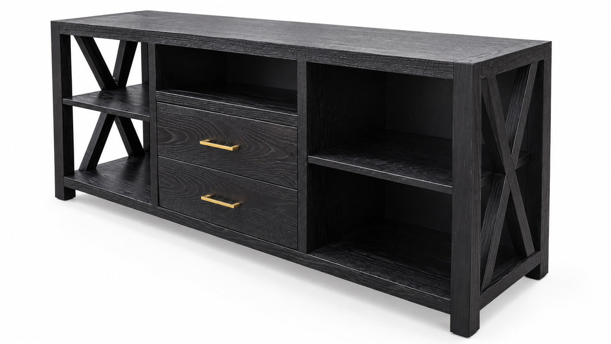 A modern black wood media console with two drawers featuring gold handles, open shelving on both sides, and X-shaped decorative side supports, shown on a white background.