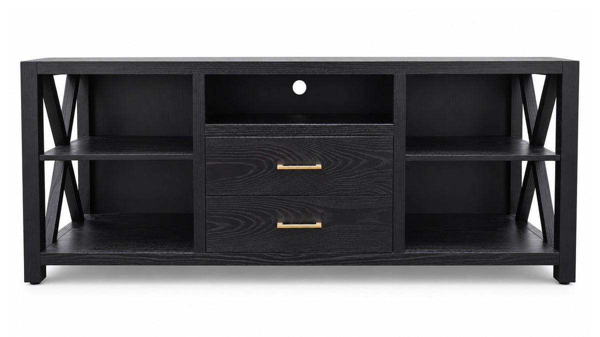 A modern black wood TV stand or media console with two drawers featuring gold handles, open side shelves, and X-shaped support legs, shown against a plain white background.