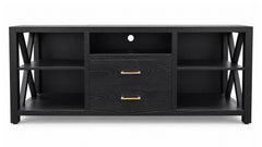 A modern black wood TV stand or media console with two drawers featuring gold handles, open side shelves, and X-shaped support legs, shown against a plain white background.
