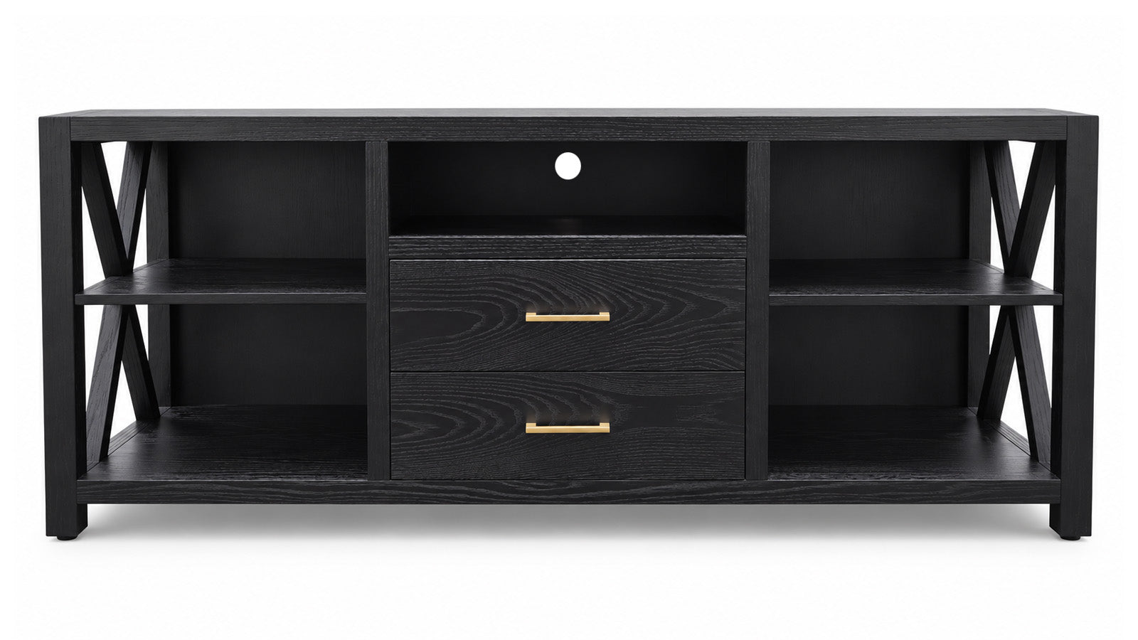 A modern black wood TV stand or media console with two drawers featuring gold handles, open side shelves, and X-shaped support legs, shown against a plain white background.