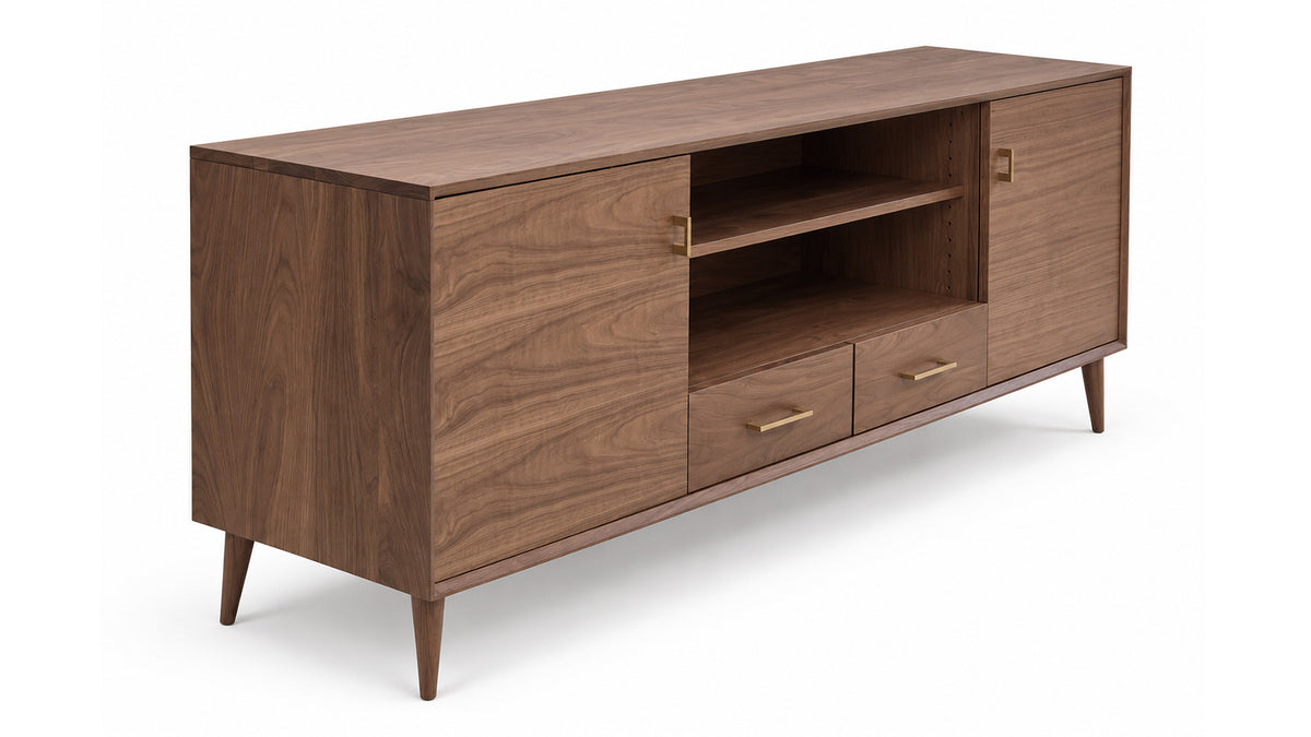 A mid-century modern wooden media console with a walnut finish, featuring two cabinet doors, two drawers, an open center shelf, and tapered legs, shown on a white background.