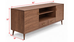 A mid-century modern wooden TV stand or sideboard with red dimension lines showing 82 inches long, 32 inches high, and 18 inches deep on a white background.