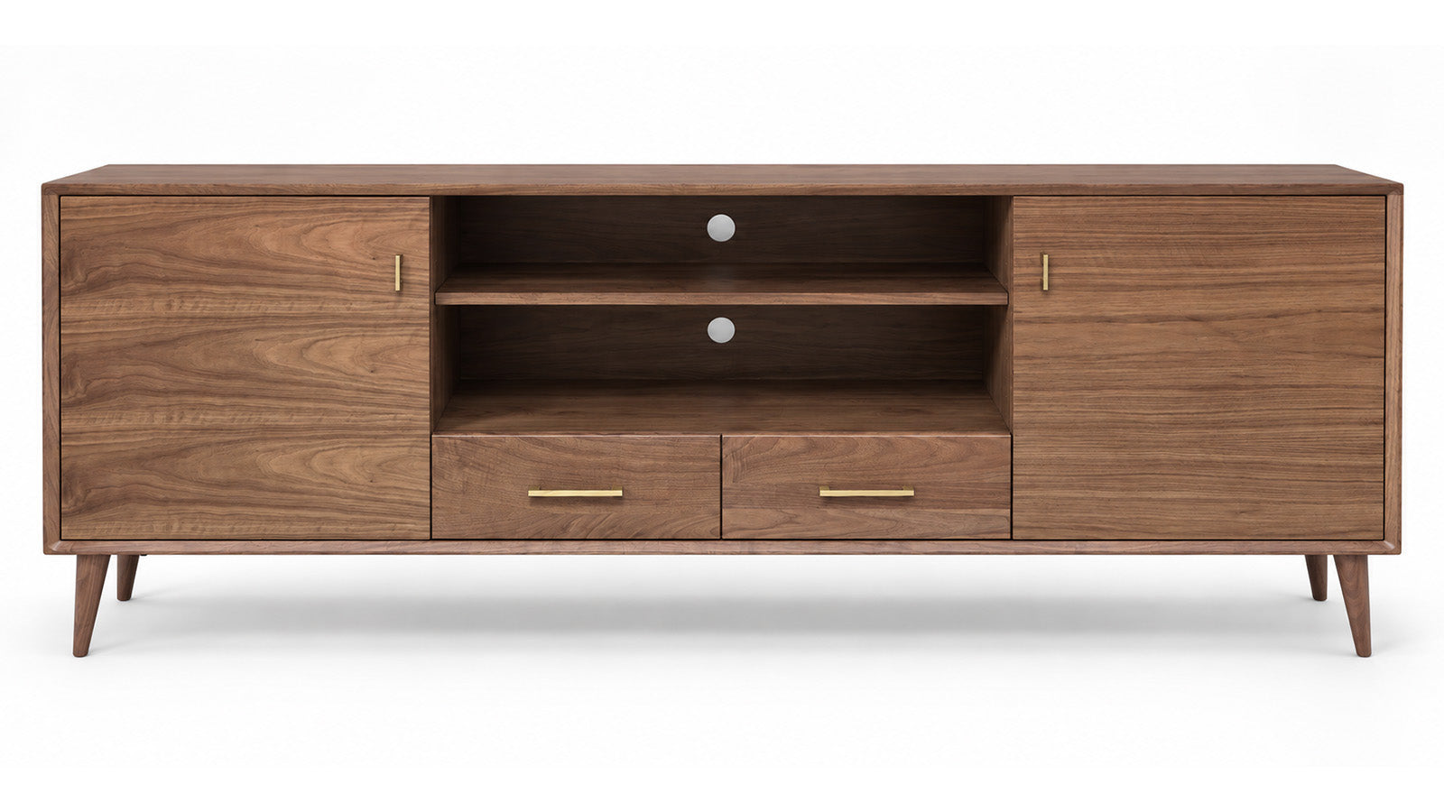 A mid-century modern wooden TV stand or media console with a warm walnut finish, featuring two cabinet doors, two open shelves, two drawers, and tapered legs, shown against a plain white background.