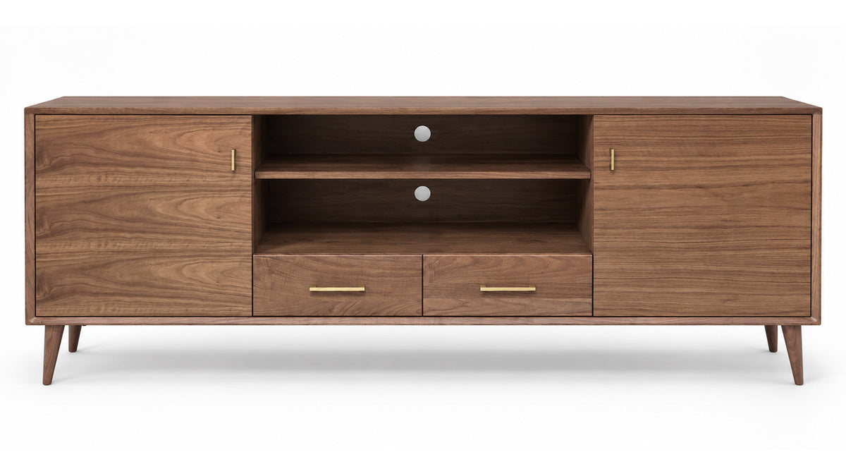 A mid-century modern wooden TV stand or media console with a warm walnut finish, featuring two cabinet doors, two open shelves, two drawers, and tapered legs, shown against a plain white background.