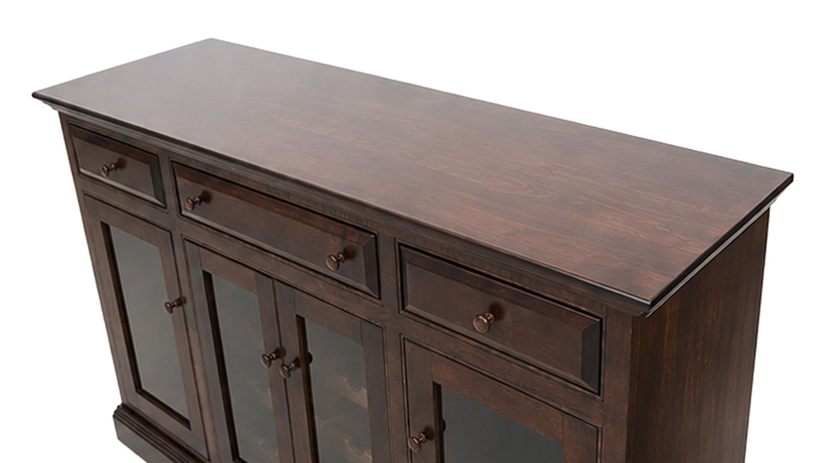 A dark brown wooden sideboard cabinet with three drawers and three glass-front doors, shown on a plain white background.