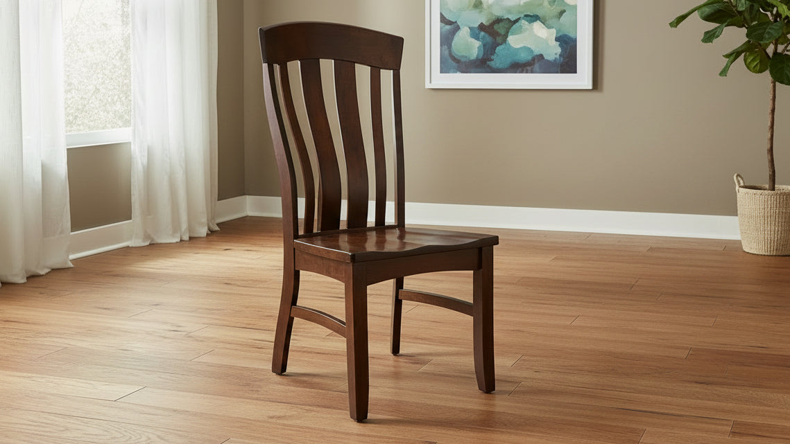 Wooden chair with slatted back on a white background