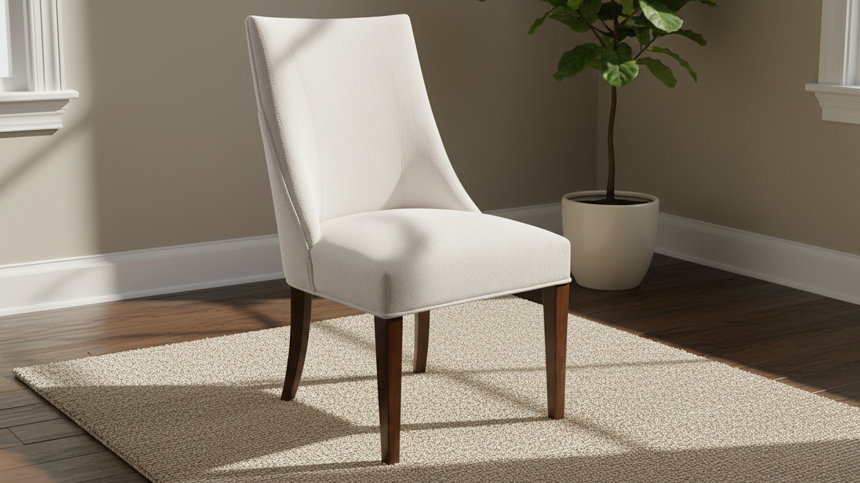 White chair with wooden legs in a room with a plant and rug