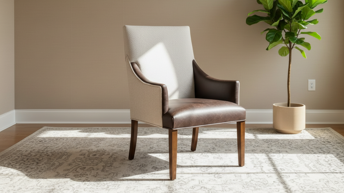 Chair with brown leather seat and beige backrest in a room with a plant and neutral walls.