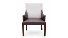 Chair with white cushioned backrest and brown leather seat and armrests on a white background