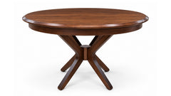 A round wooden dining table with a rich medium-brown finish, featuring a curved apron and a central pedestal base with four splayed legs, shown on a plain white background.