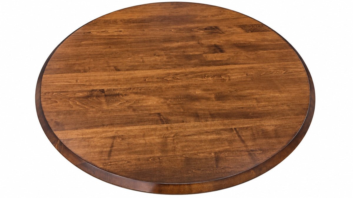 Round wooden table top with a warm medium-brown finish and visible wood grain, shown against a plain white background.