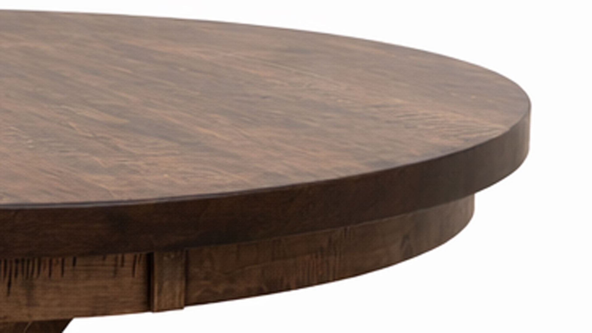 Primer plano de una mesa redonda de madera con acabado marrón oscuro sobre fondo blanco.