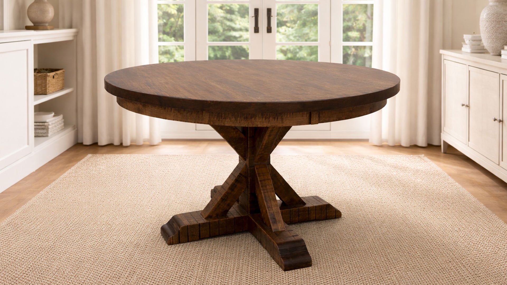 Mesa redonda de madera en una habitación con cortinas y muebles blancos.