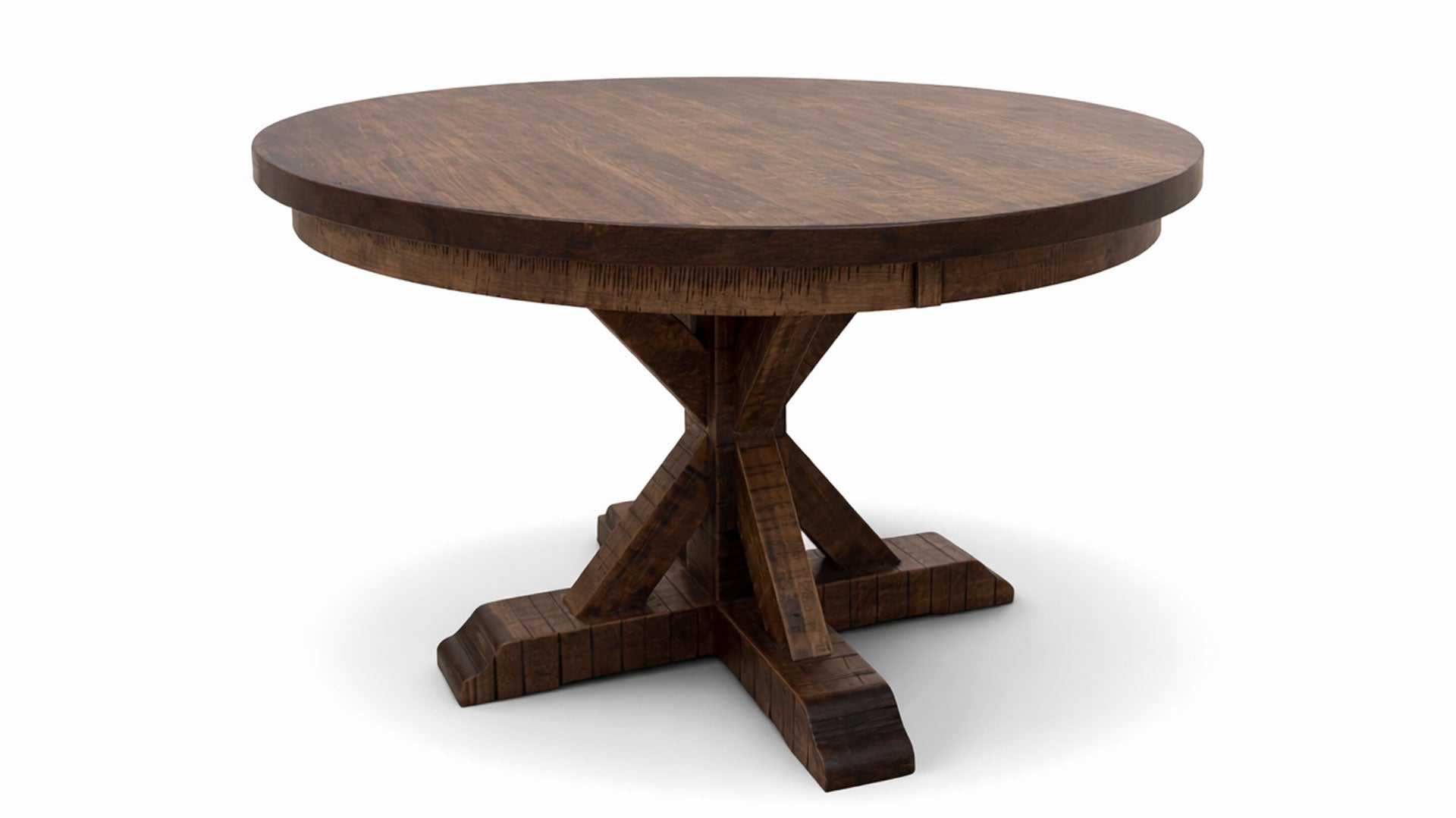 Mesa redonda de madera con acabado marrón oscuro sobre fondo blanco.