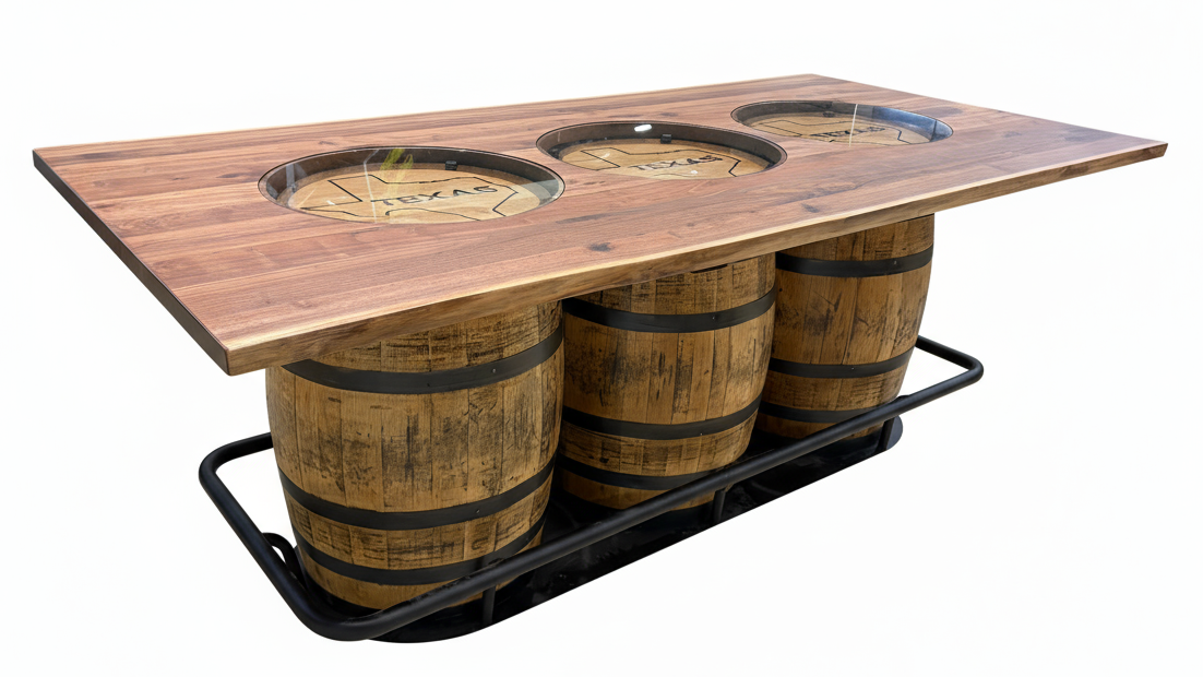 Mesa alta de bar con tablero de nogal negro con bordes naturales y tres barriles de whisky de Texas de 99 pulgadas.