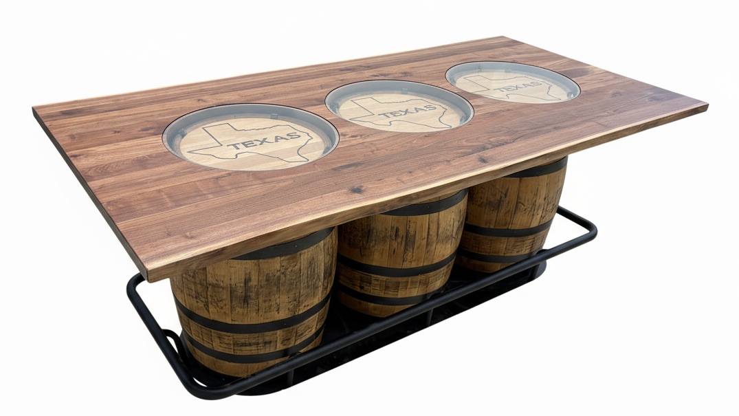 Mesa alta de bar con tablero de nogal negro con bordes naturales y tres barriles de whisky de Texas de 99 pulgadas.