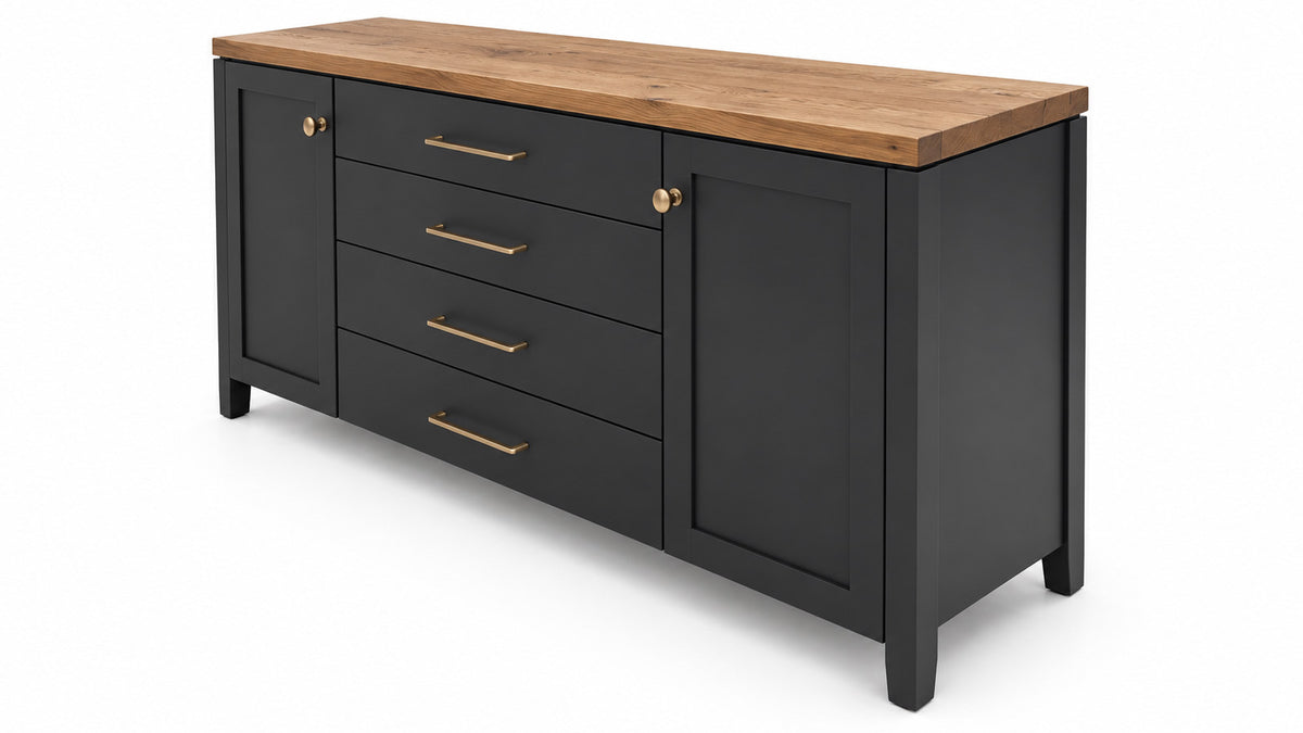 A modern sideboard cabinet with a matte black body, a natural wood top, and brass-finished hardware, shown on a white background.