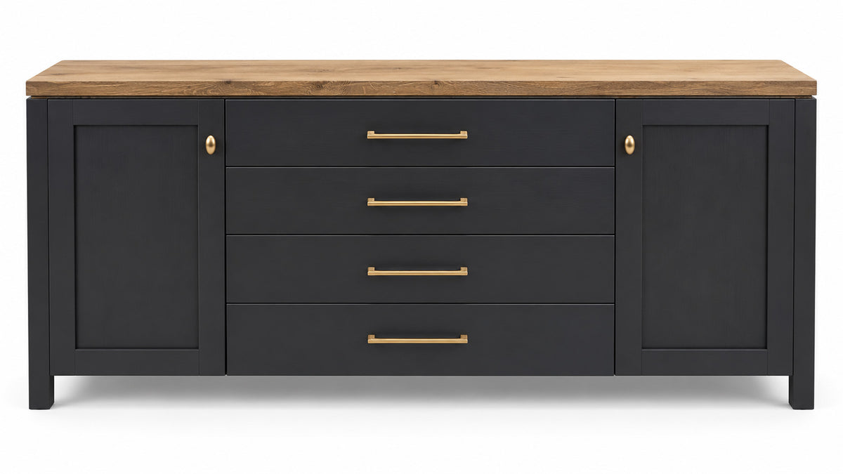 A modern sideboard or credenza with a matte black finish, a natural oak wood top, and brass hardware, shown against a plain white background.