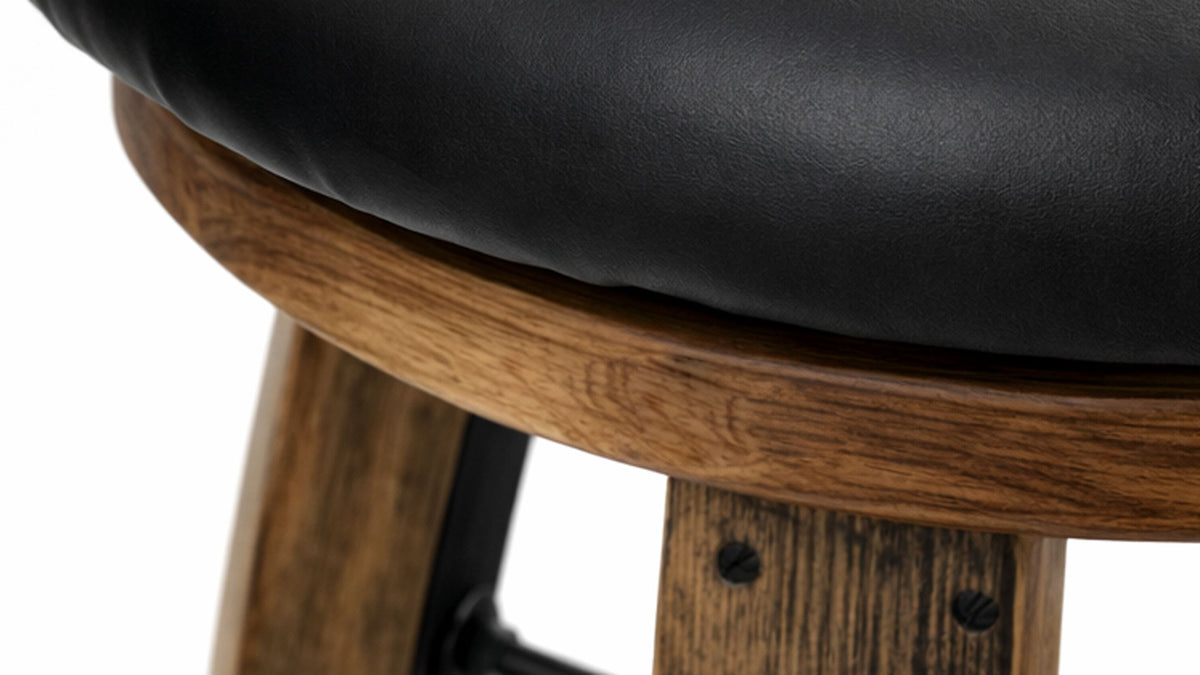 Memphis Reclaimed White Oak Barrel Stave Counter Height Black Top Grain Leather Upholstered Swivel Seat Stool
