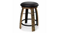 Memphis Reclaimed White Oak Barrel Stave Counter Height Black Top Grain Leather Upholstered Swivel Seat Stool