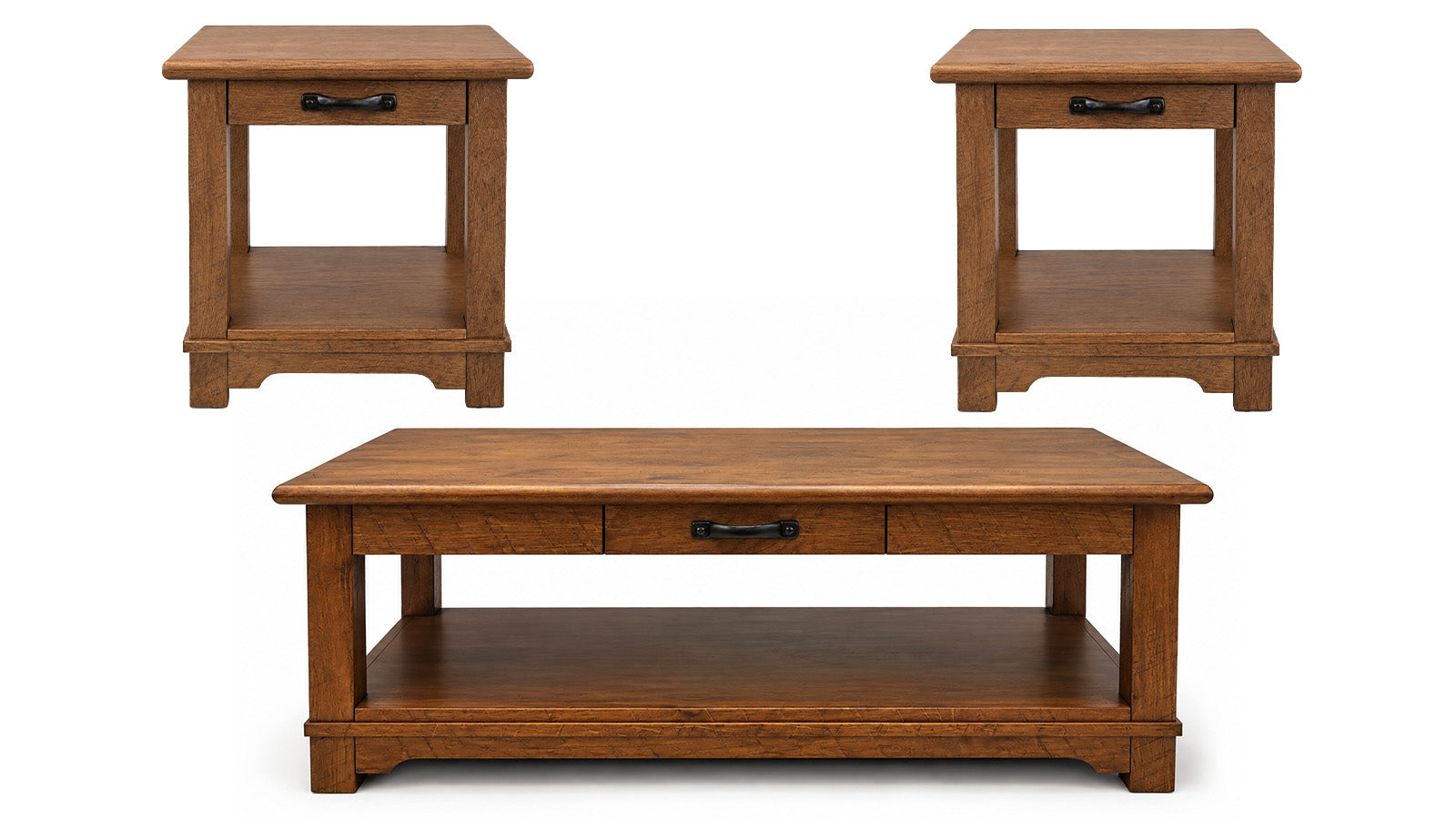 A three-piece wooden furniture set featuring a coffee table in the foreground and two matching end tables in the background, all in a warm medium brown finish with black metal drawer pulls, set against a plain white background.