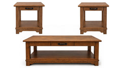 A three-piece wooden furniture set featuring a coffee table in the foreground and two matching end tables in the background, all in a warm medium brown finish with black metal drawer pulls, set against a plain white background.