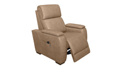 A tan leather recliner chair with a side pocket, shown in a partially reclined position against a plain white background.