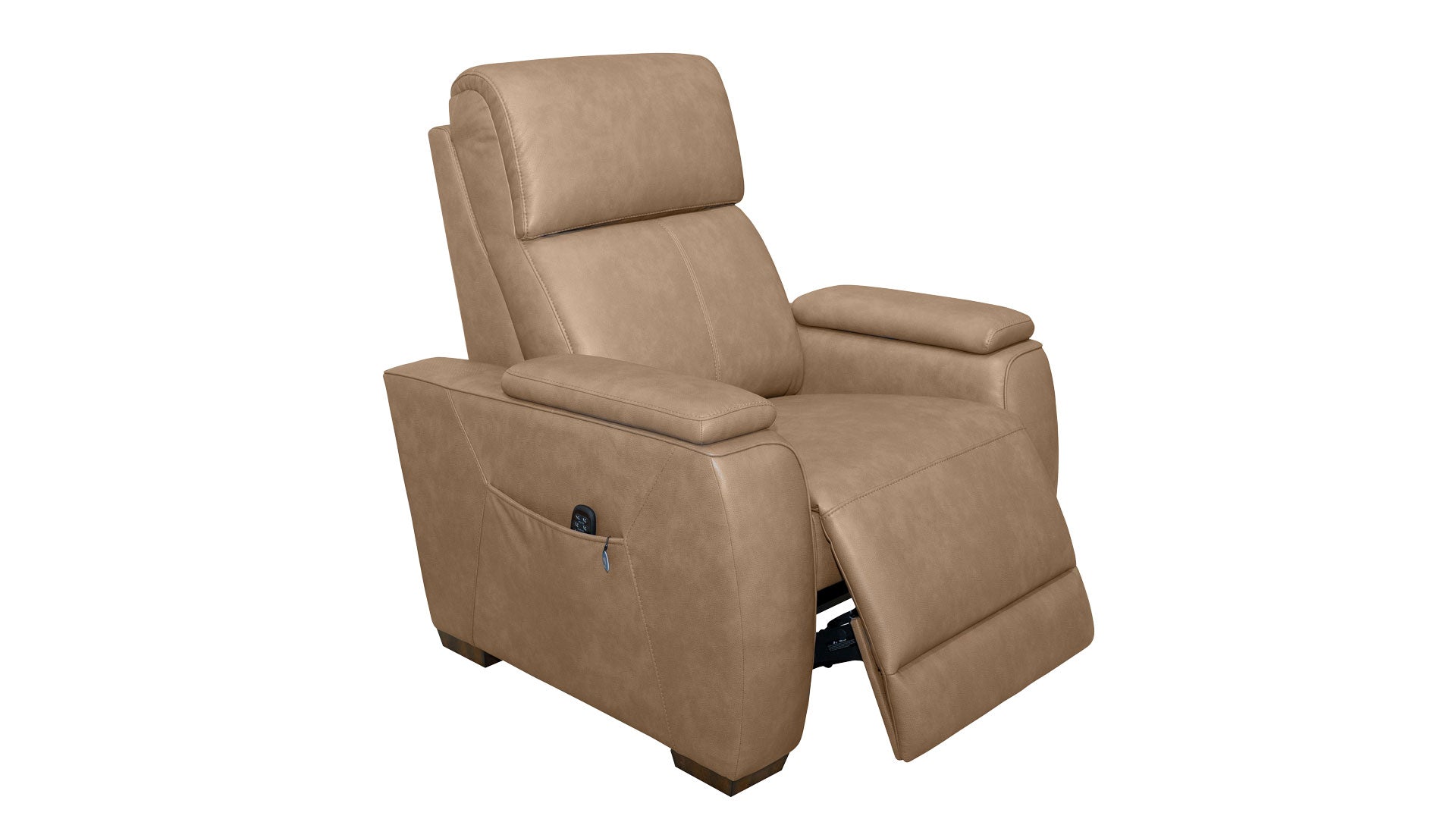 A tan leather recliner chair with a side pocket, shown in a partially reclined position against a plain white background.