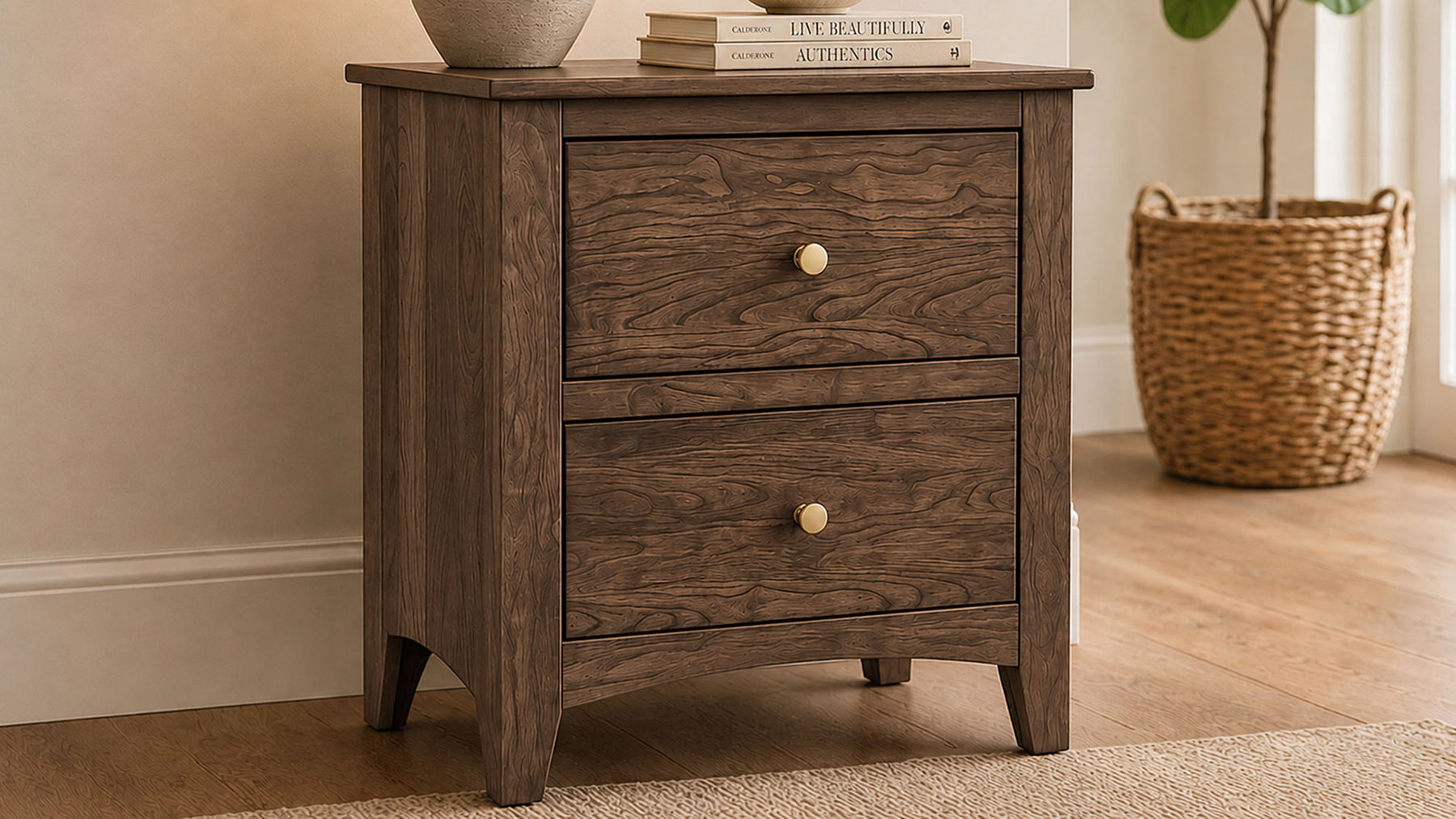 Carlston Solid Cherry Wood Modern 2 Drawer Nightstand