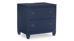 Navy blue nightstand with two drawers on a white background