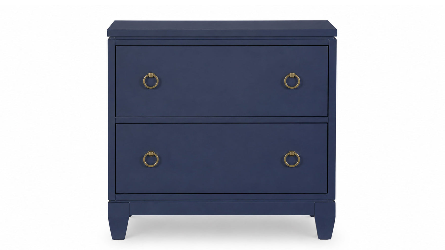 Navy blue dresser with gold handles on a white background