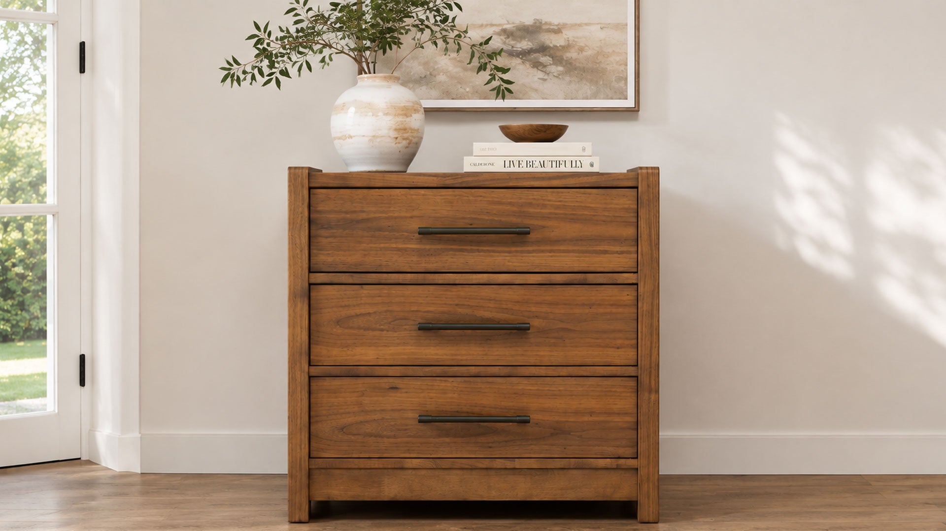 Taliesin 3 Drawer Nightstand | USB | Walnut Finish & Gunmetal | Gallery Furniture