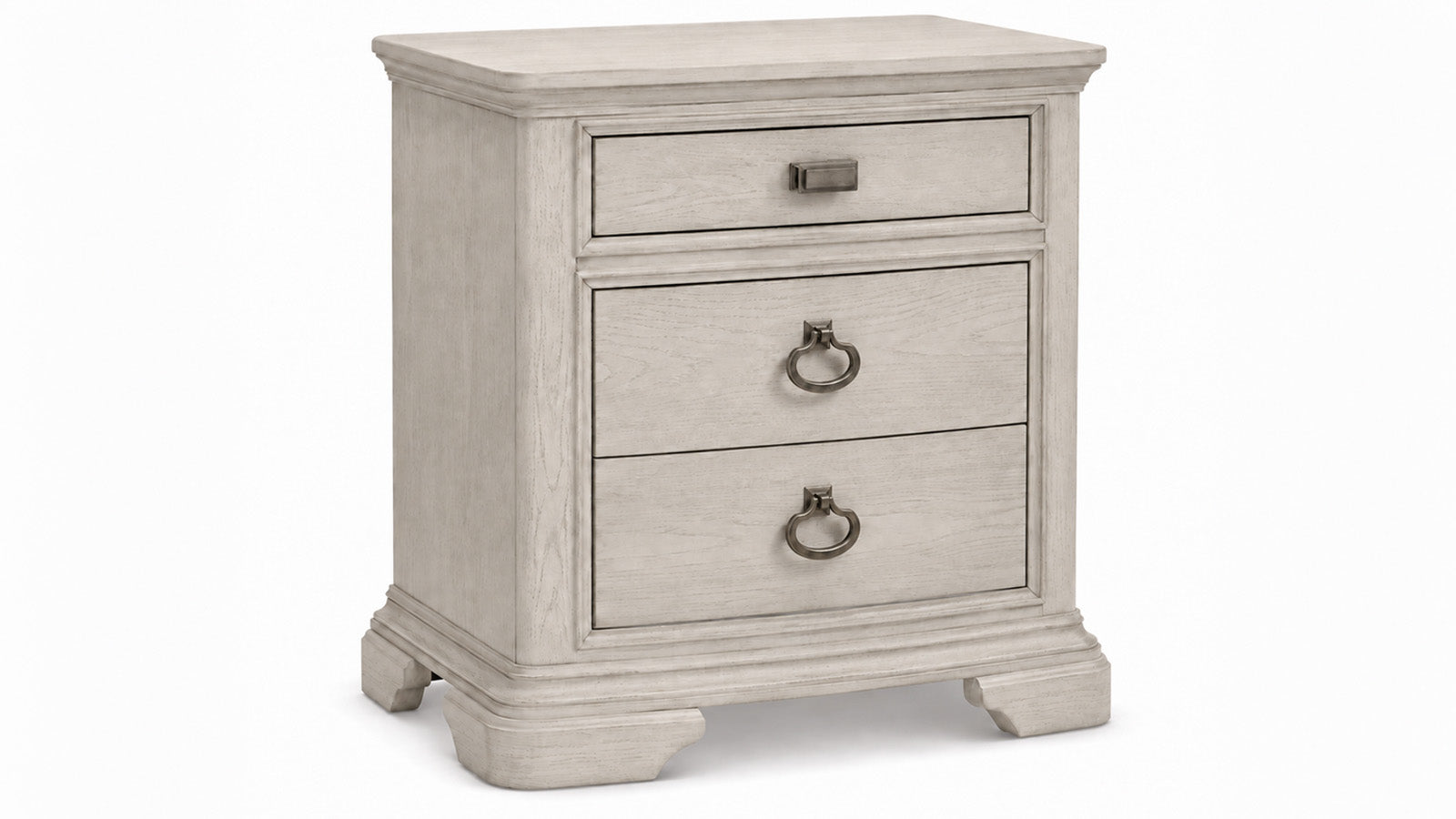 A three-drawer nightstand in a distressed light gray wood finish, featuring dark metal drawer pulls and ring pulls, set against a plain white background.